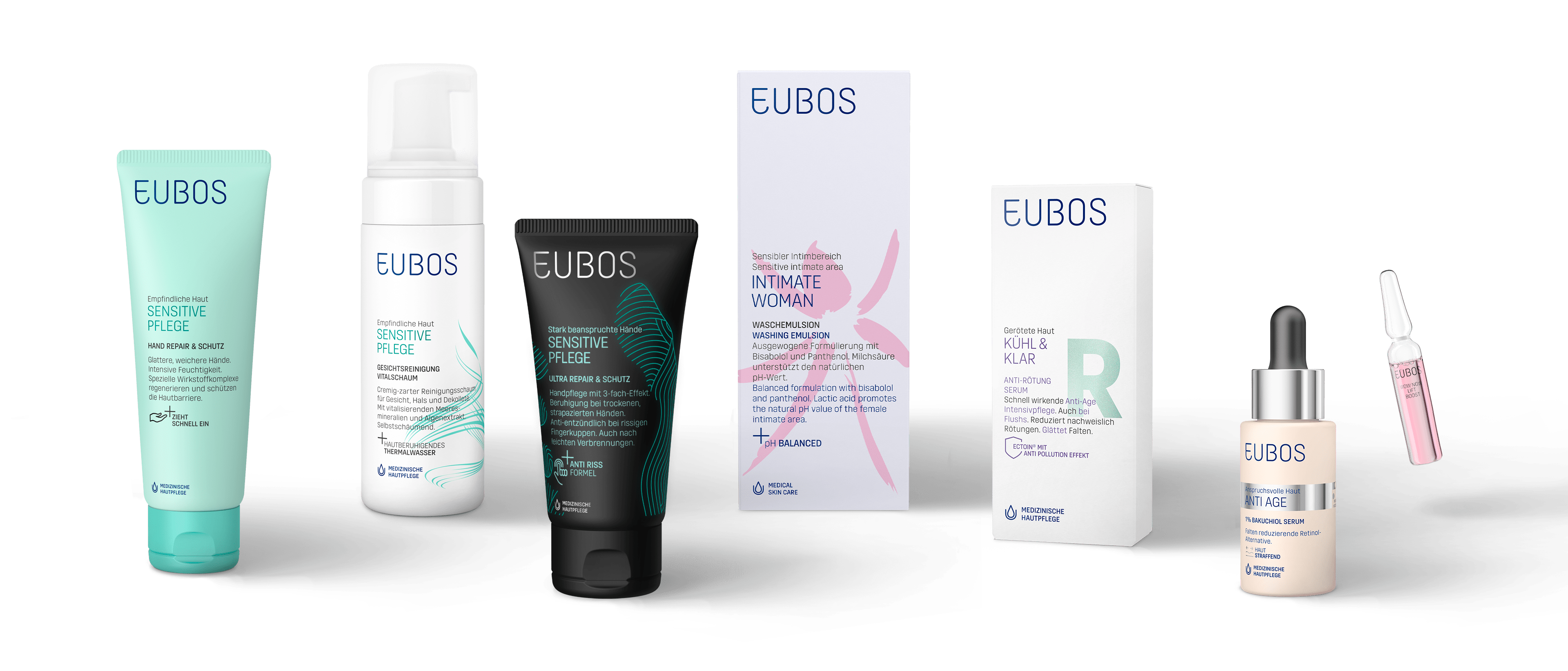 Line Up verschiedenster EUBOS Produkte aus verschiedenen Pflegelinien.